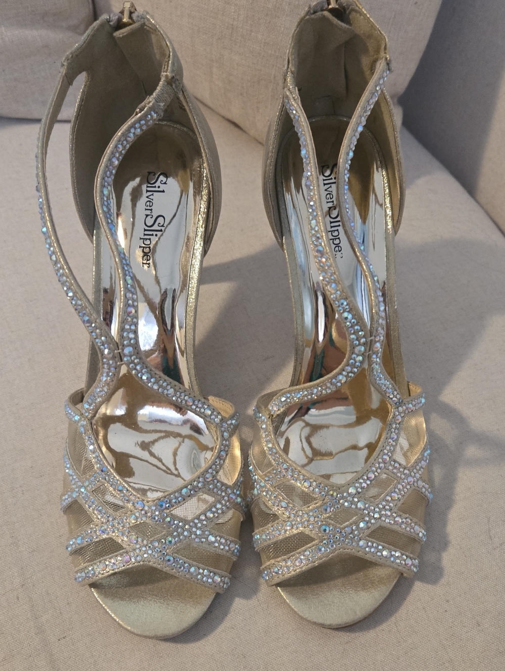Gold rhinestone heels